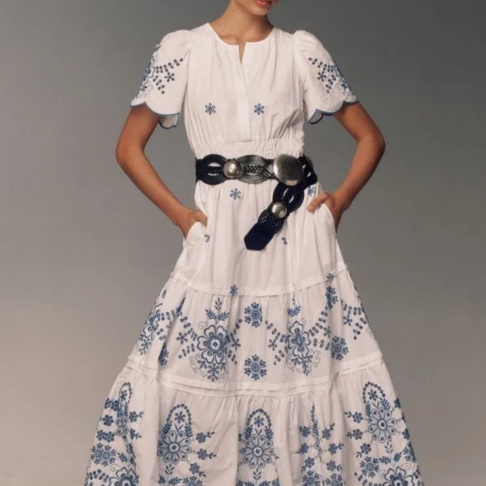 Anthropology Somerset White Maxi Dress with Blue Embroidery SOLD OUT NWOT